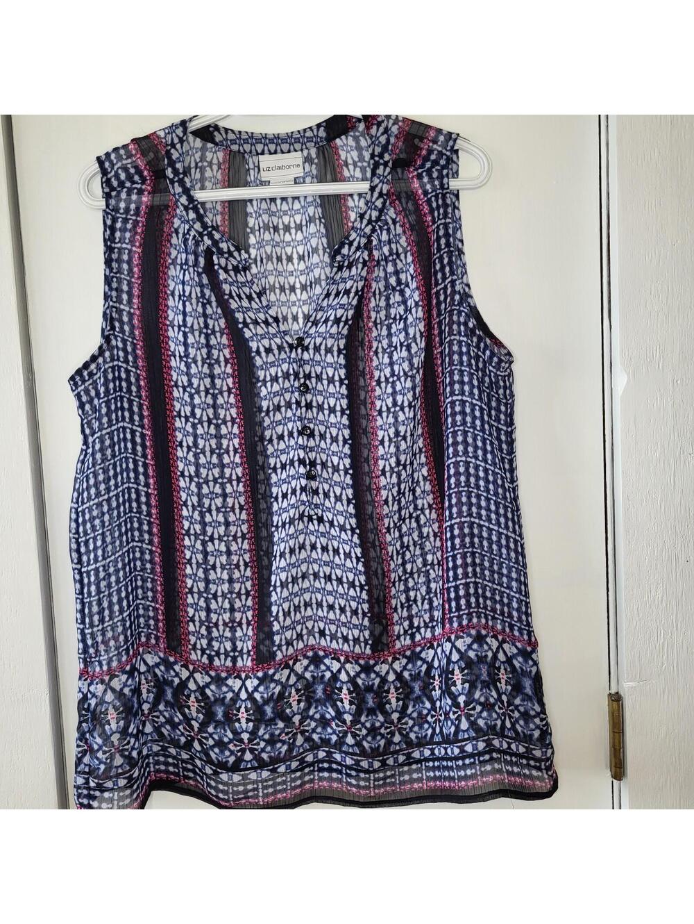 Liz Claiborne sleeveless with a partial 4  button-down v-neck blouse sheer large